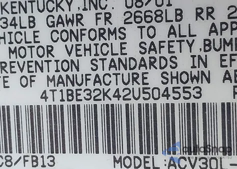 2002 Toyota Camry Le from USA, damaged, VIN 4T1BE32K42U504553